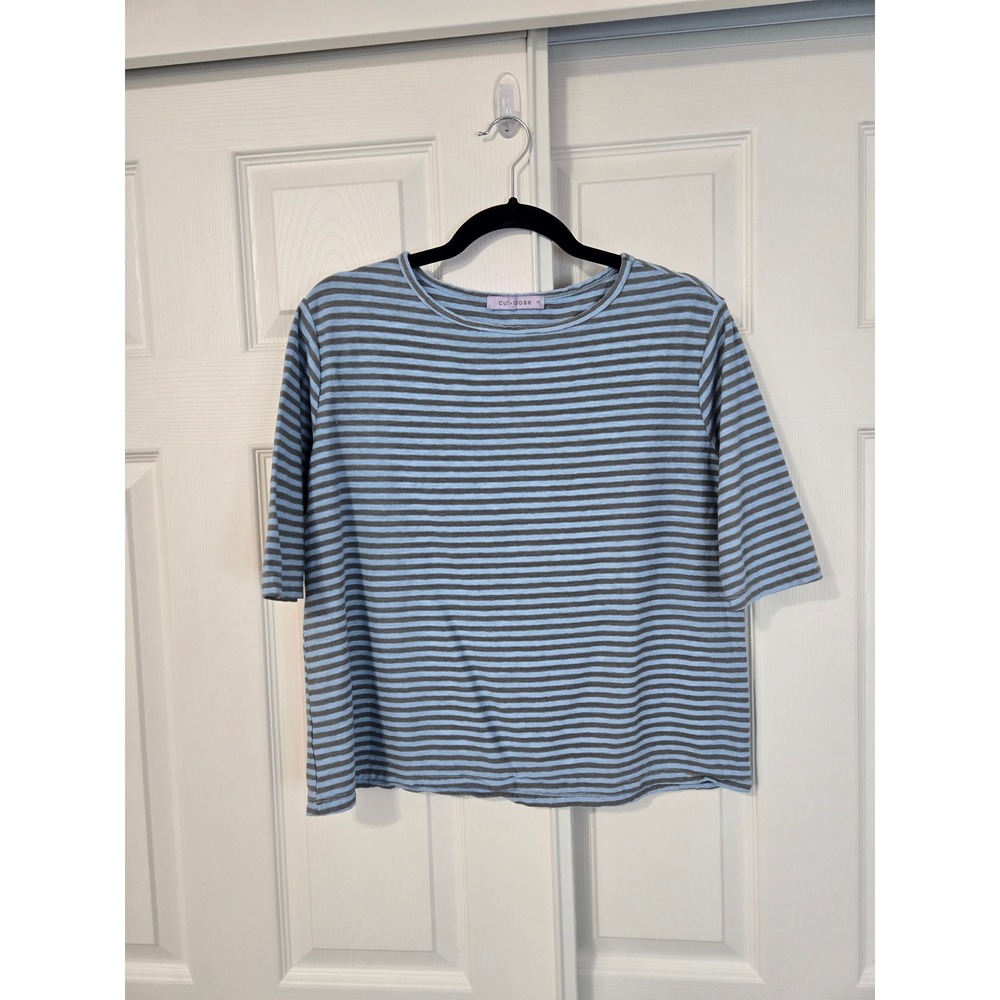 Cut Loose Womens Blue Grey Striped  Crew Neck Boxy T-Shirt Size S